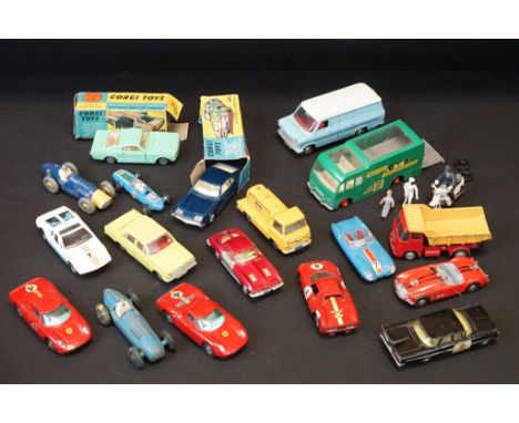 19 Mid 20th C play worn diecast models to include Dinky, Corgi and Matchbox featuring 2 x boxed Corgi (325 Ford Mustang compe