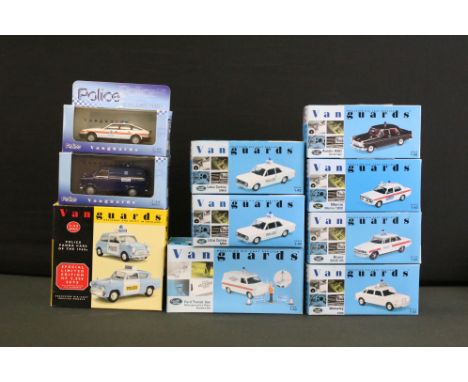 Ten boxed / cased Vanguards diecast model police vehicles, 1:43 scale to include 2 x Police Collection ltd edn (VA 06616, VA 