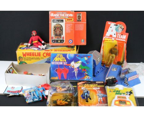 Collection of mixed circa 1970-80s toys and figures to include boxed Merit Battle of the Planets Intercom Set, boxed Ideal Wh