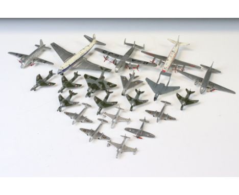 Around 20 mid 20th C Dinky diecast model planes to include 735 Gloster Javelin, DH110 Sea Vixen, Viking etc, shows play wear 