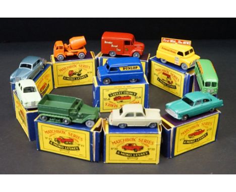 10 Boxed Matchbox Lesney 75 Series diecast models to include 42 Evening News, 47 Brooke Bond Tea, 25 Dunlop, 57, 33, 49, 44, 