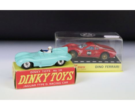 Two boxed / cased Dinky diecast models to include 238 Jaguar Type D Racing Car in turquoise with driver (paint chips) and 216