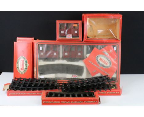 Boxed Mamod Steam Railway O gauge train set consisting of locomotive, 2 x items of rolling stock, track and accessories plus 