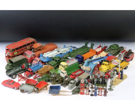 Around 35 mid 20th C play worn diecast &amp; tinplate models to include Dinky, Corgi, Triang Spot-On and Budgie examples, fea