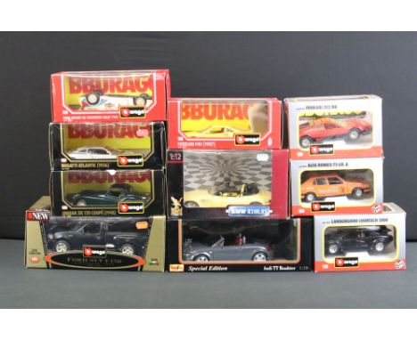 Ten boxed diecast models, 1/24 to 1/12 scale, to include Burago Gold Collection 1/21 Ford SVT F150 (cod. 3345), Maisto 1/18 S
