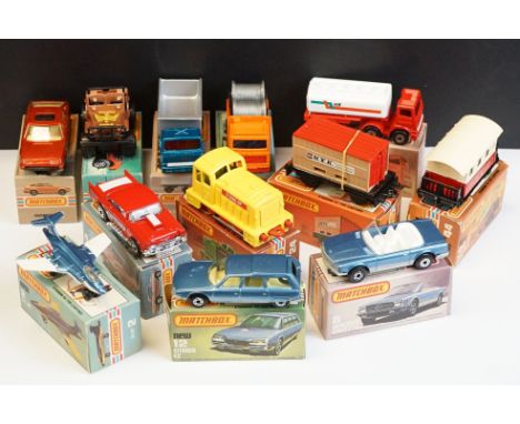 12 Boxed Matchbox 75 Series diecast models to include 26 Cable Truck, 30 Artic Truck, 6 Mercedes Convertible, 25 Flat Car / C