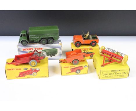 Five boxed Dinky diecast models to include 622 10-Ton Army Truck, 27K - 324 Hay Rake, 321 Massey-Harris Manure Spreader, 340 