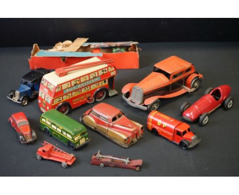 10 Early - mid 20th C play worn tin plate models to include Wells o London Transport Bus, Mettoy car in two tone red/black, J