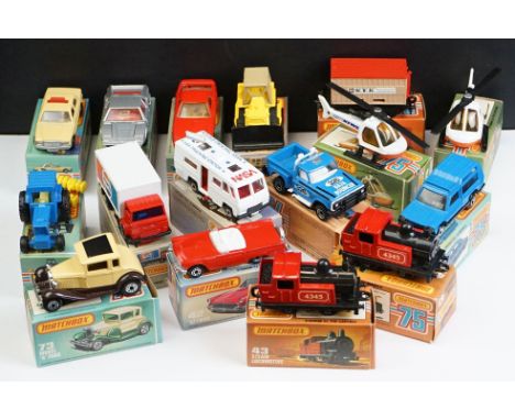 16 Boxed Matchbox 75 Series diecast models to include 2 x 43 Steam Locomotive, 2 x 75 Helicopter, 46 Ford Tractor and Harrow,