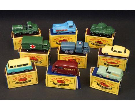 Nine boxed Matchbox Lesney 75 Series diecast models to include 69 Nestle's Van, 60 Morris Omnitruck, 59 Ford Singer Van, 70 T