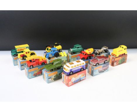 12 Boxed Matchbox 75 Series diecast models to include 49 Crane Truck, 28 Formula Racing Car, 42 Mercedes Container Truck, 70 