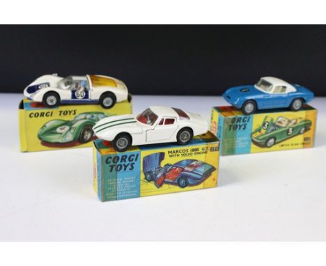 Three boxed Corgi diecast models to include 330 Porsche Carrera 6 in white (loose end flap), 324 Marcos 1800 GT with Volvo en