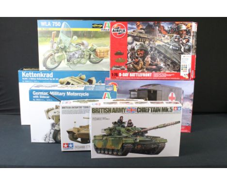 Seven Boxed plastic model kits to include Tamiya No. 352 1:35 Valentie British Infantry Tank, Tamiya No.68 1:3 British Army C