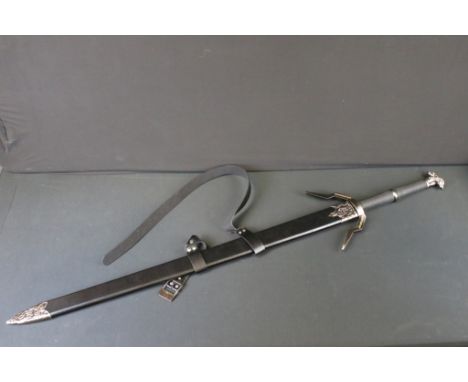 The Witcher 3 detailed stainless steel Geralt's Wolf Pommelled Silver Runed Sword, in scabbard, aprrox 127cm in length 