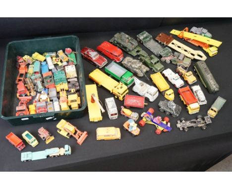 65 play worn diecast models, mainly mid 20th C examples, to include Corgi, Dinky, Matchbox, etc, featuring Dinky Aveling-Barf