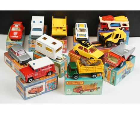 12 Boxed Matchbox 75 Series Superfast diecast models to include 69 Security Truck, 71 Cattle Truck, 21 Renault 5TL, 31 Carava