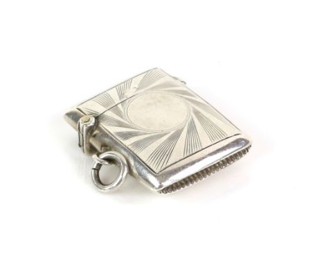 Edwardian sun swirl engine turned silver vesta case by Cornelius Saunders and James Shepherd with vacant cartouche swirl to f