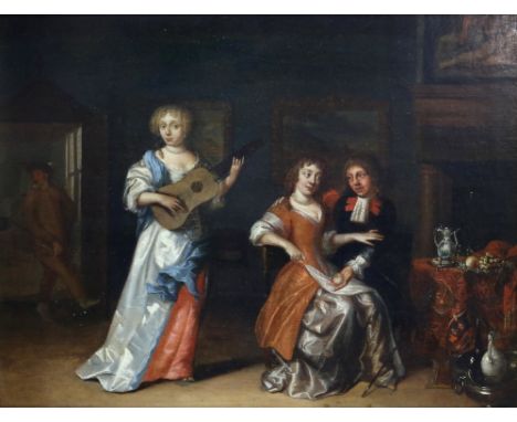 Manner of Caspar Netscher (1635/39-1684) figures in an interior, oil on panel, 37cm x 48cm Provenance: with letter attached f