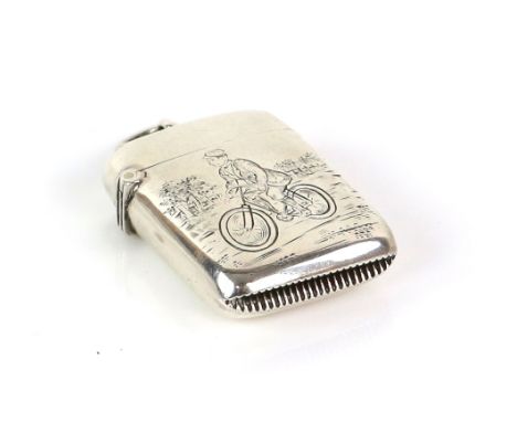 Engraved Victorian silver vesta case with a scene of a man riding a bicycle, with a fence tree and bushes in the background, 