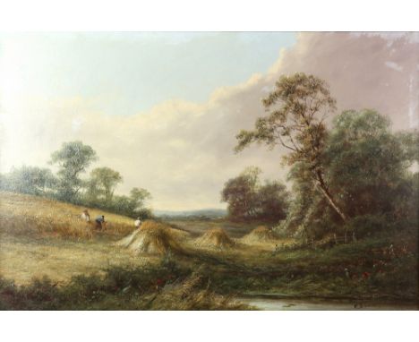 R. Leslie (19th / 20th century British school), Harvesting the hayfield, oil on canvas, signed lower right, bearing label for