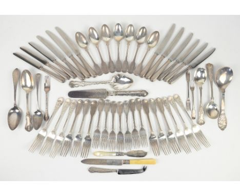 Selection of silver flatware to include table forks, dessert forks, table spoons, soup spoons, serving spoons, table knives, 