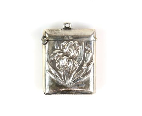 Art Nouveau silver vesta case with an embossed Iris floral design by William J Holmes, Birmingham 1906        