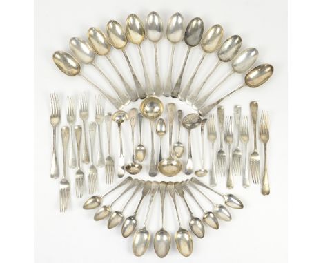 Suite of crested silver Old English pattern flatware comprising 12 table spoons, 4 table forks, 11 dessert forks, pair of sau