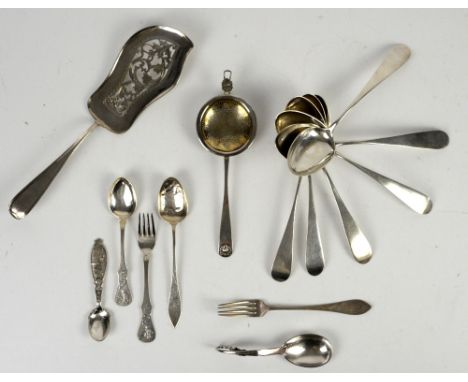 Selection of Scandinavian silver to include a set of six table spoons, a Norwegian fish slice by M Thune., a Georg Jensen cad