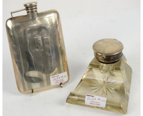 UPDATED IMAGES - NO MIRROR IN LOT: A large glass inkwell with shaped pen tray, silver cover engraved Guv with Luv, London 190