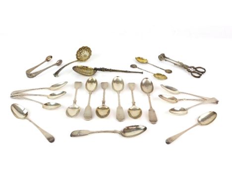 Set of six Victorian silver fiddle pattern teaspoons, by Josiah Williams &amp; Co., Exeter, 1867/8, and other silver flatware
