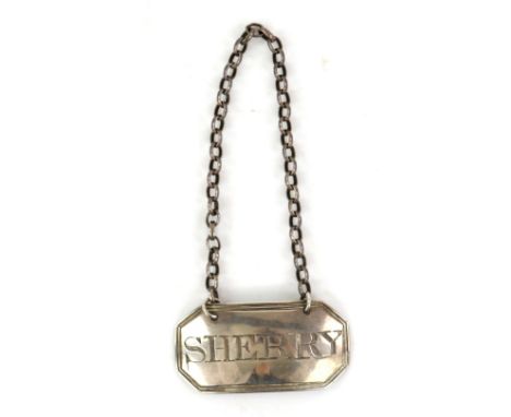George III silver decanter label for Sherry by Mary Hyde and John Reilly, London 1800, 4 cm wide, 8.6 gr.         