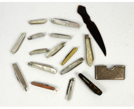 Selection of silver, mother-of-pearl and gold pen knives, including a 9ct gold pen knife with maker's mark NB Ltd, 7 cm long,