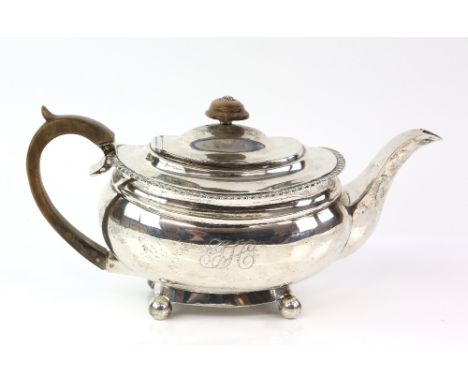 George III silver teapot, by Alice &amp; George Burrows II, London 1816, the oval body, with gadrooned border on four ball fe