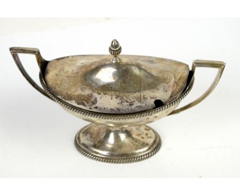 George III silver two handled sauce tureen of oval boat form, with gadrooned border and foot rim, raised on pedestal foot, ac