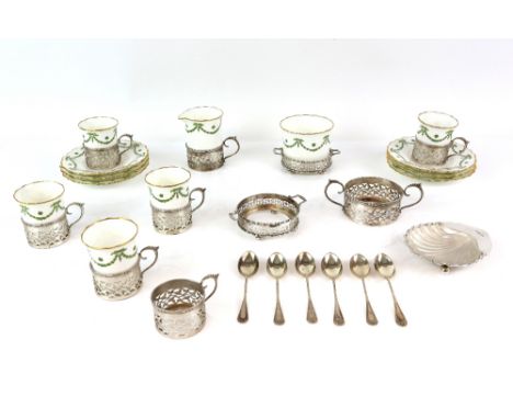 Aynsley part silver-mounted coffee service, comprising 5 cups with 7 silver sleeves, sugar bowl with silver sleeve, cream jug