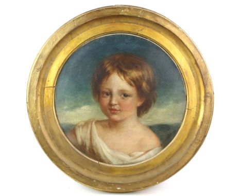 English school, circular portrait of a child, oil on canvas, signed indistinctly at the base **** Gale. 42cm dia        