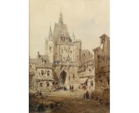 19th century continental school, Town gate with clock, watercolour, 43cm x 31cm with attached note attributing it to Prout.  