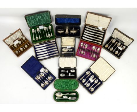 Selection of silver and silver-mounted items to include cased sets of teaspoons, christening sets, three piece cruet and othe