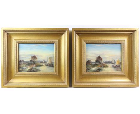 R. Wallis, 20th century, pair of river scenes with boats and buildings, signed, oil on board, 19cm x 24cm,         