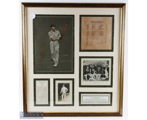 1902 Australia v England R A Duff 6 Aperture display, to include a period postcard, team photograph a Cricket Print of R A Du