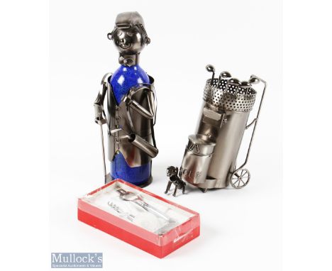 2x Humours Golfing Wine Bottle Holders both metallic featuring a golfing male figure with bottle as body and a golf bag/troll