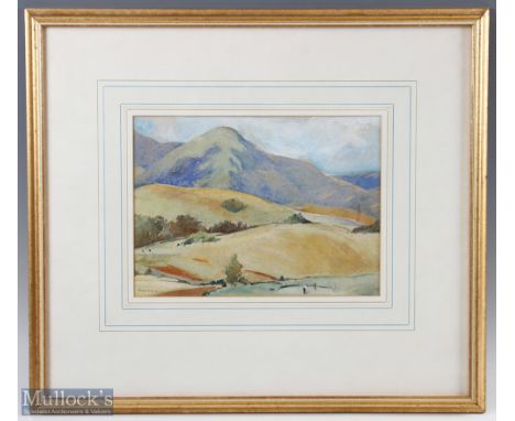 Phyllis M Moore - Hilly golf course scene with two groups playing golf, water colour signed lower left corner - image 7.75" x