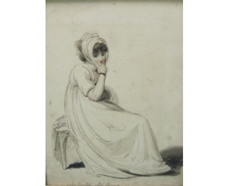 "ENGLISH SCHOOL CIRCA 1810Portrait of Lady Hamilton, seated,with inscription ‘Lady Hamilton after Romney, or The Tragic Muse’