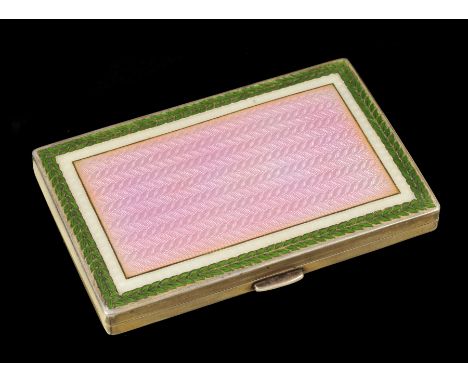 "A 19th Century Russian silver and enamel rectangular Cigarette Case the top with pink feathered enamel within cream border a