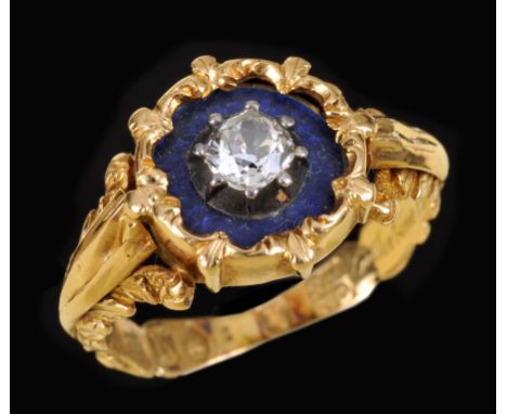 "A Victorian Diamond and Enamel Ring claw-set old-cut diamond within blue enamel frame and outer embossed gold frame, inscrip