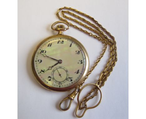 "An open faced Pocket Watch the mother of pearl dial with arabic numerals, subsidiary dial and Swiss movement in 9ct gold eng