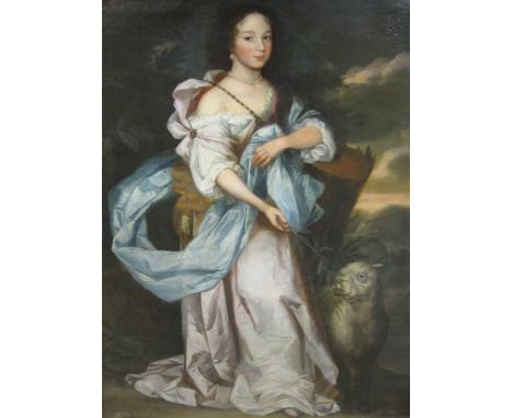 "FOLLOWER OF JACOB HUYSMANS (c.1633-1696)Portrait of a Ladywearing a white and lilac dress, and blue wrap,, an extensive land