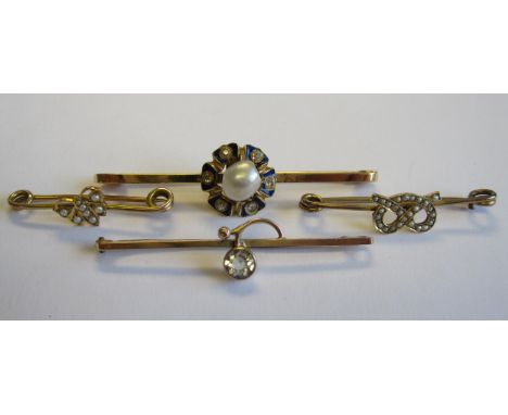 "A Pearl, Diamond and Enamel Bar Brooch the claw-set river pearl within frame of rose-cut diamonds on blue enamel in 18ct gol