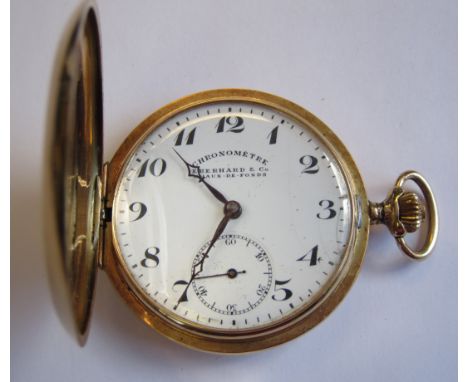 A 14ct gold cased Chronometer Pocket Watch the white enamel dial with arabic numerals and subsidiary dial by Eberhard and Co.