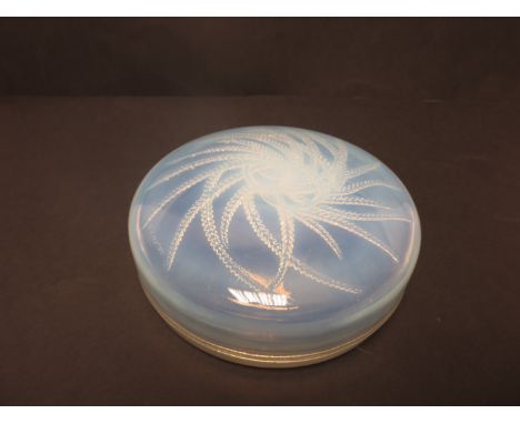 "A R Lalique opalescent glass circular Chocolate Box and Cover with spiral moulded design of grass, 5in diam, moulded R LALIQ
